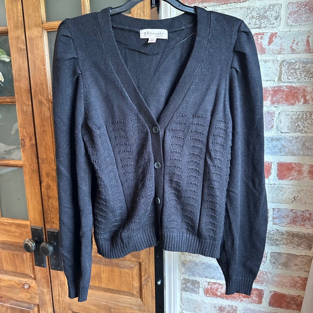 Philosophy Cardigan Women Black Puff Shoulder Pointelle Knit Button Front Large